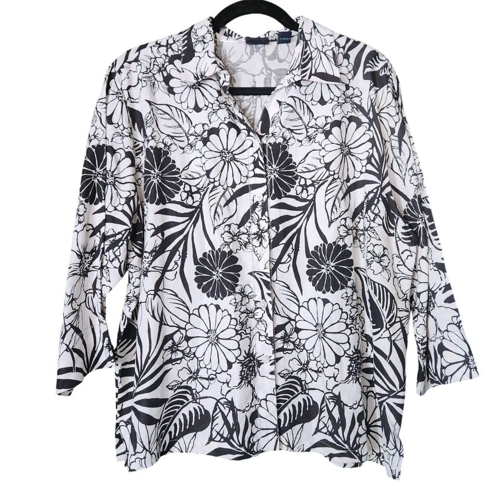 Westbound Linen Floral Button Up Shirt Top Women's 18 Black & White Artsy